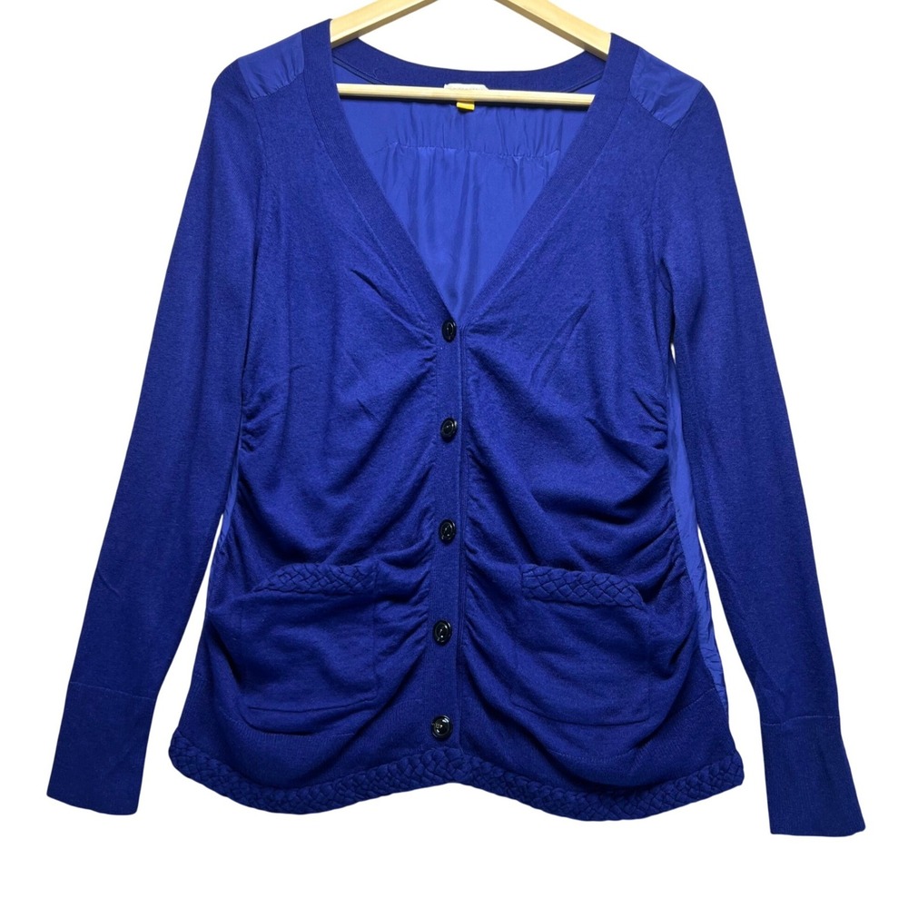 Anthropologie Cardigan Royal Blue V Neck Button Front Wool Sweater M Preppy